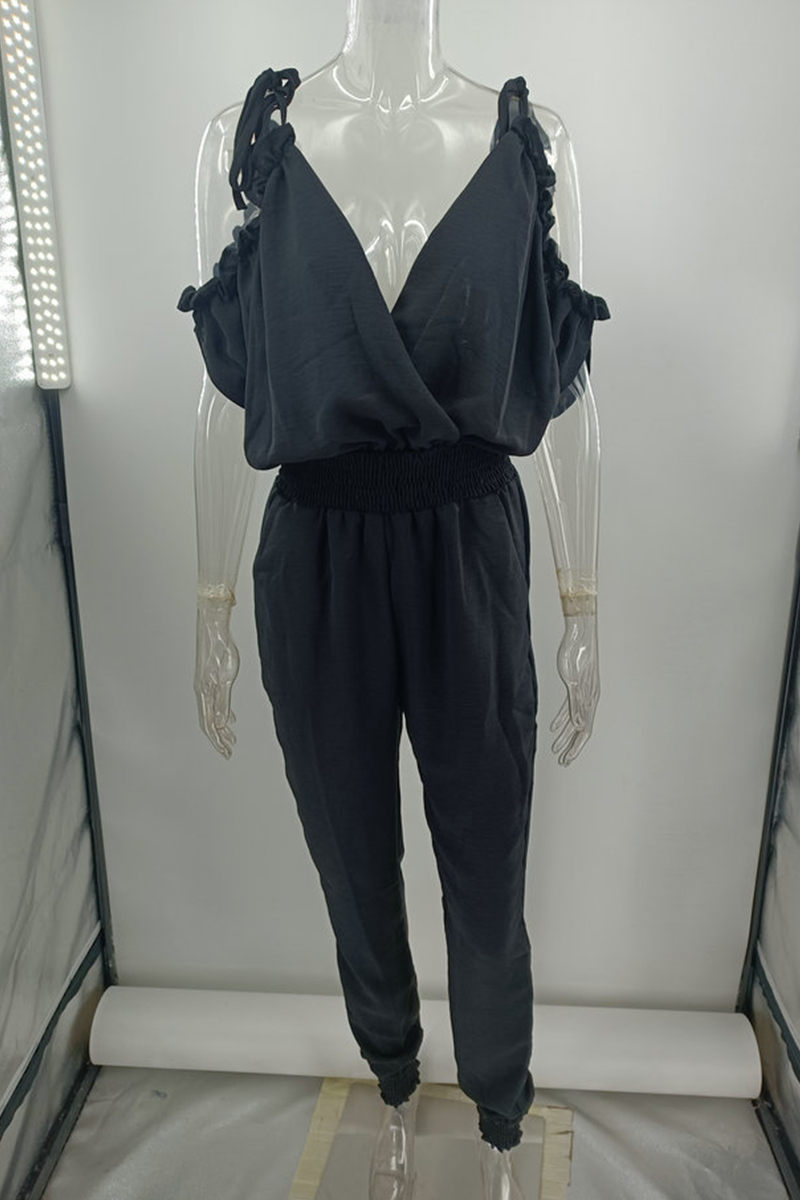 Casual Solid Patchwork V Neck Harlan Jumpsuits