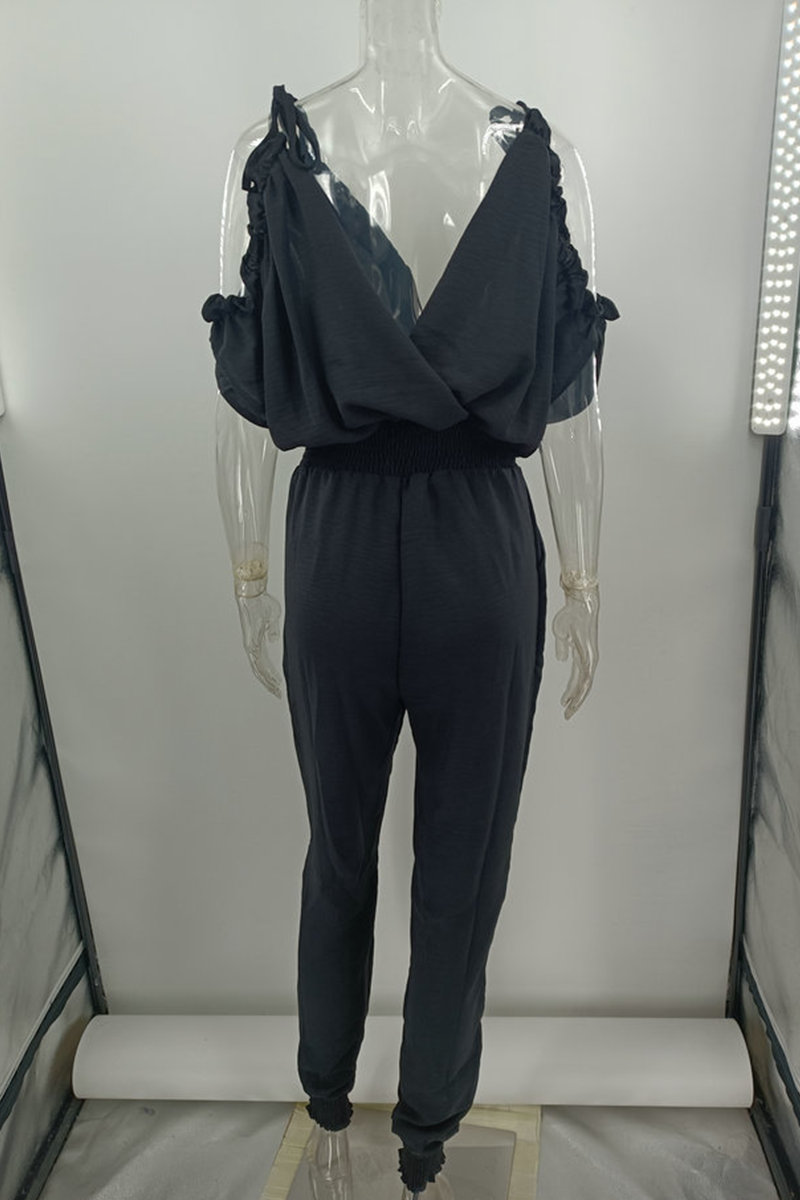 Casual Solid Patchwork V Neck Harlan Jumpsuits