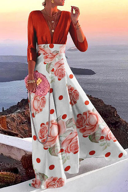 Elegant Vacation Print Patchwork V Neck One Step Skirt Dresses