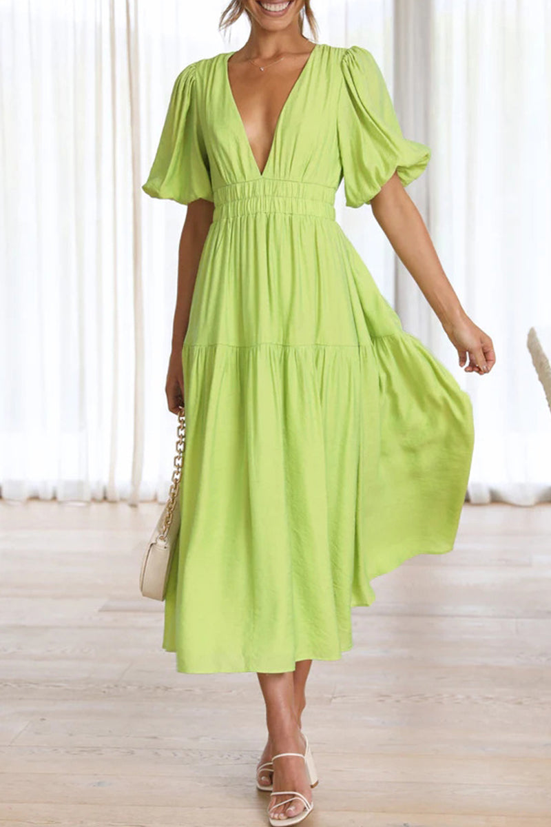 Sweet Elegant Solid Fold V Neck A Line Dresses(5 Colors)