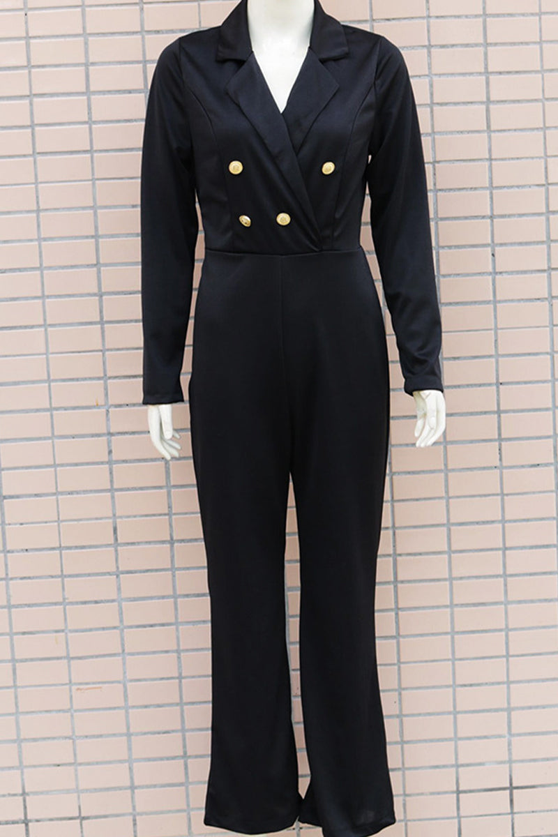 Elegant Solid Buttons Turn-back Collar Regular Jumpsuits(4 Colors)