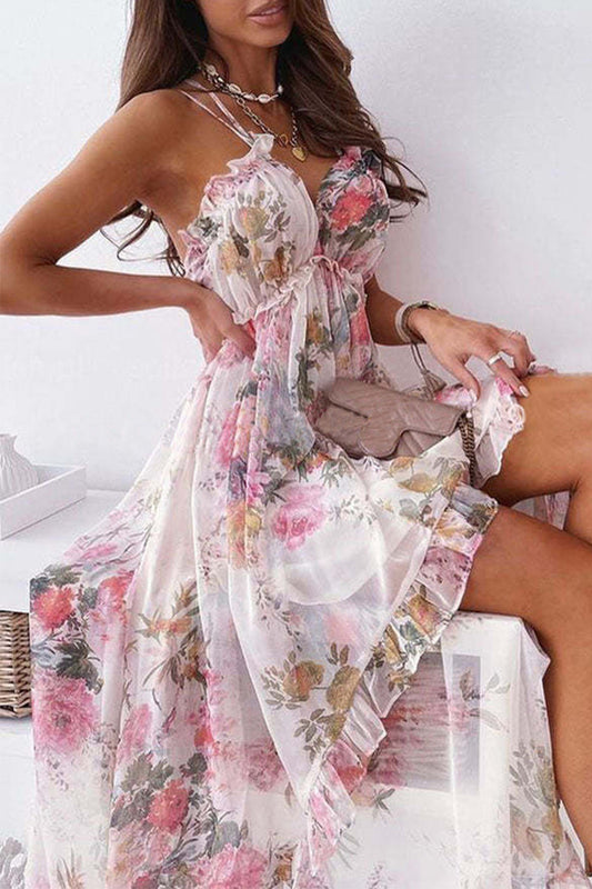 Sweet Floral Backless V Neck Irregular Dress Dresses