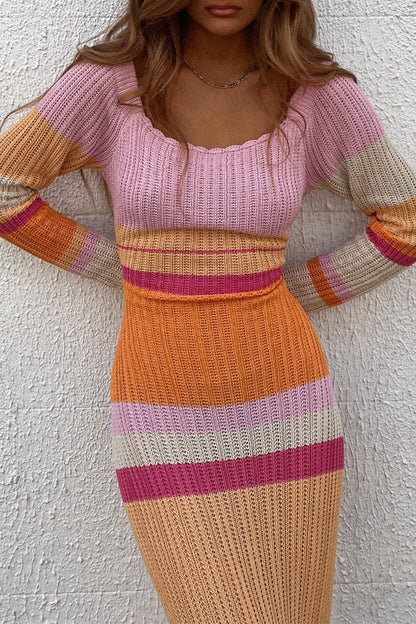 Sexy Casual Color Block Contrast Spaghetti Strap Long Sleeve Dresses(3 Colors)