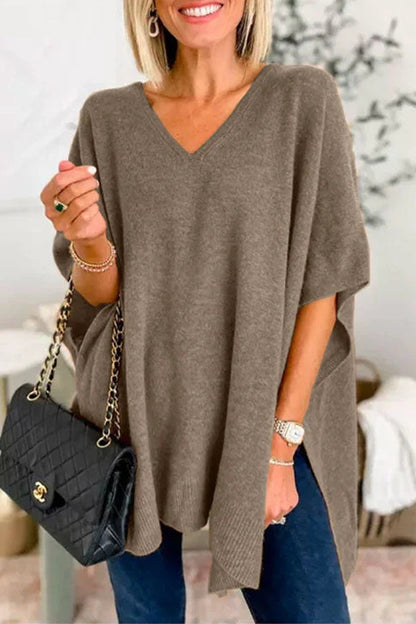 Casual Simplicity Solid Slit V Neck Sweaters(10 Colors)