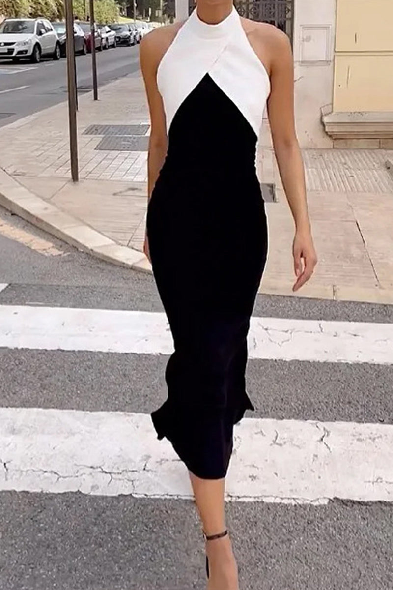 Elegant Solid Contrast Halter Sleeveless Dress Dresses