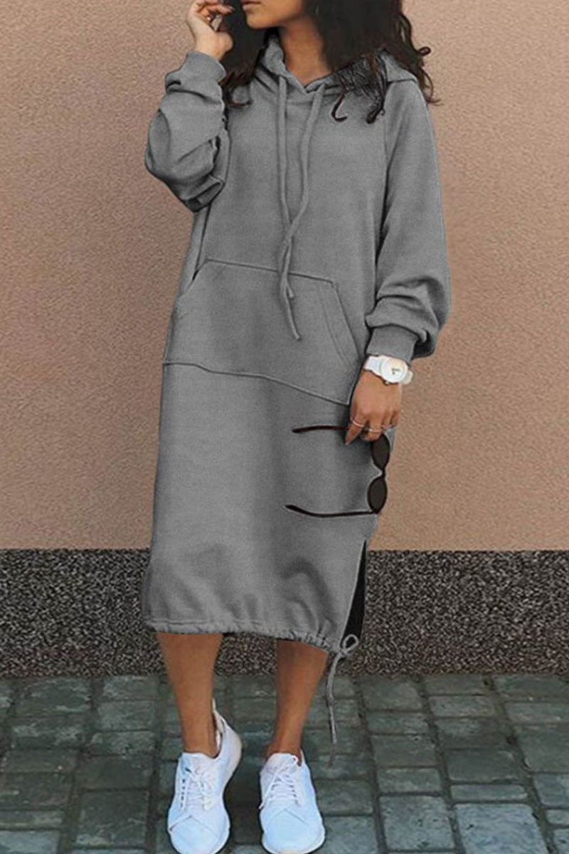 Casual Solid Patchwork Hooded Collar Long Sleeve Dresses(7 Colors)