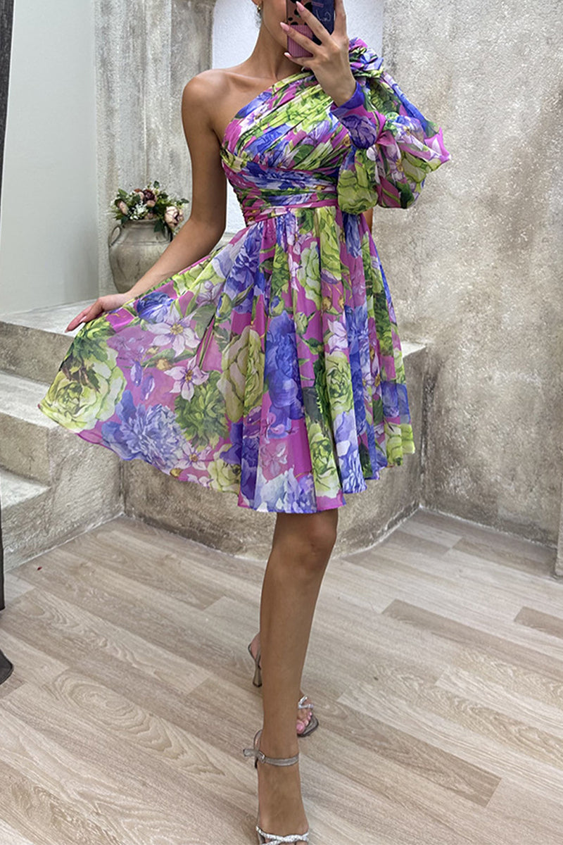 Sweet Elegant Floral Fold Oblique Collar A Line Dresses