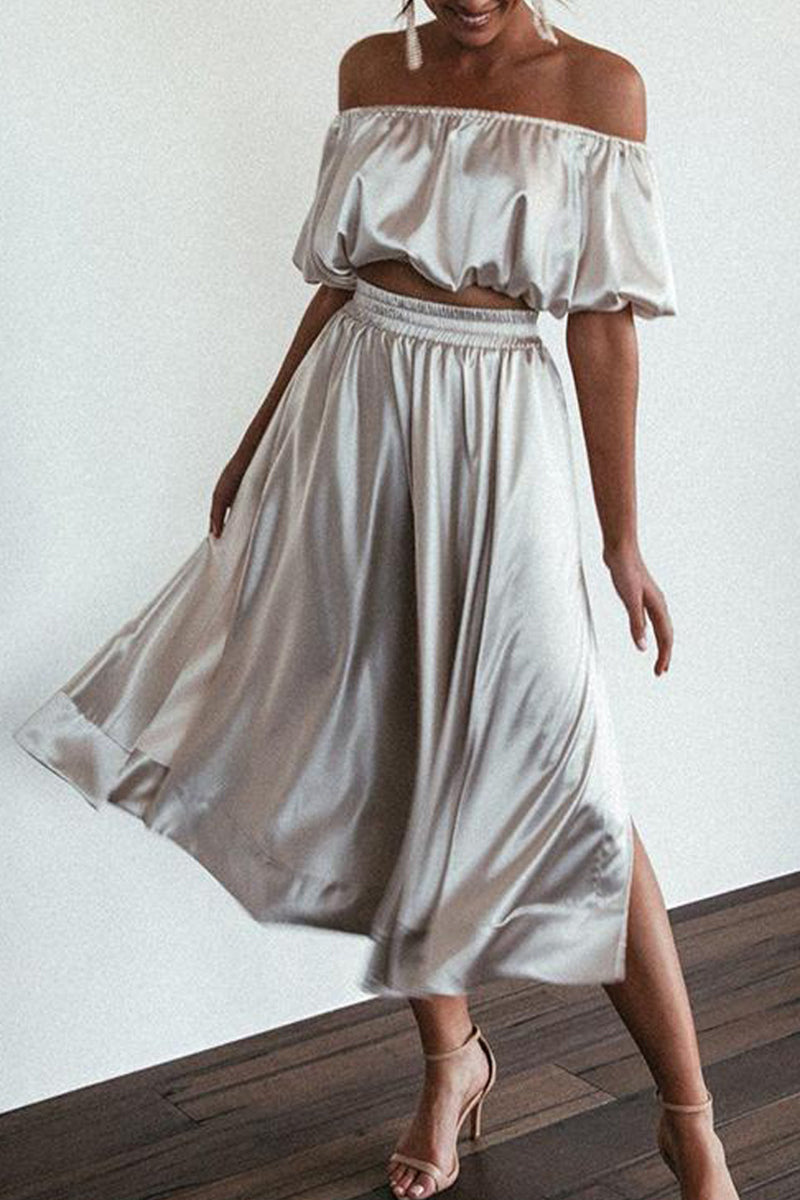 Elegant Solid Pocket Slit Off the Shoulder Short Sleeve Two Pieces