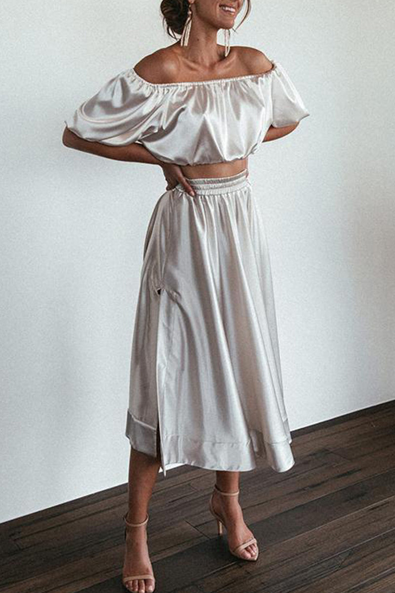 Elegant Solid Pocket Slit Off the Shoulder Short Sleeve Two Pieces