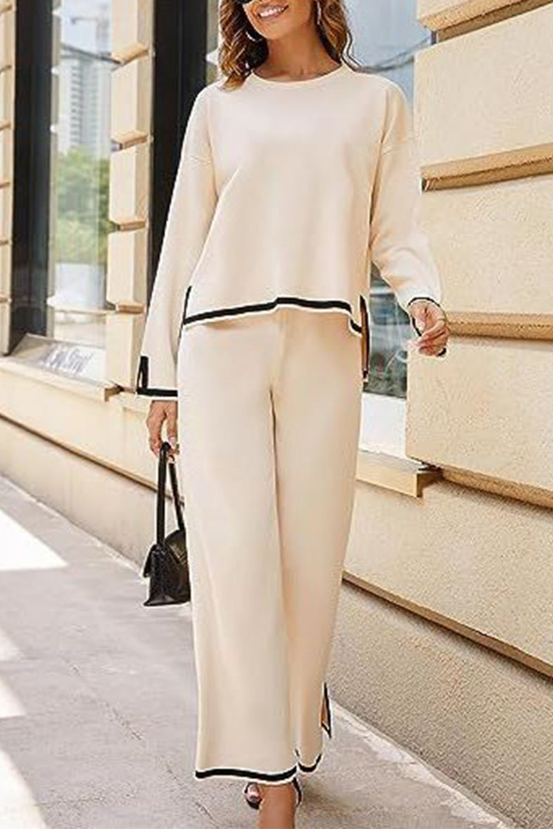 Casual Living Solid Weave O Neck Long Sleeve Two Pieces(6 Colors)