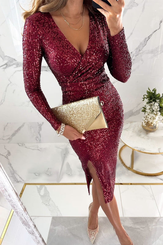 Sexy Solid Sequins Slit V Neck A Line Dresses