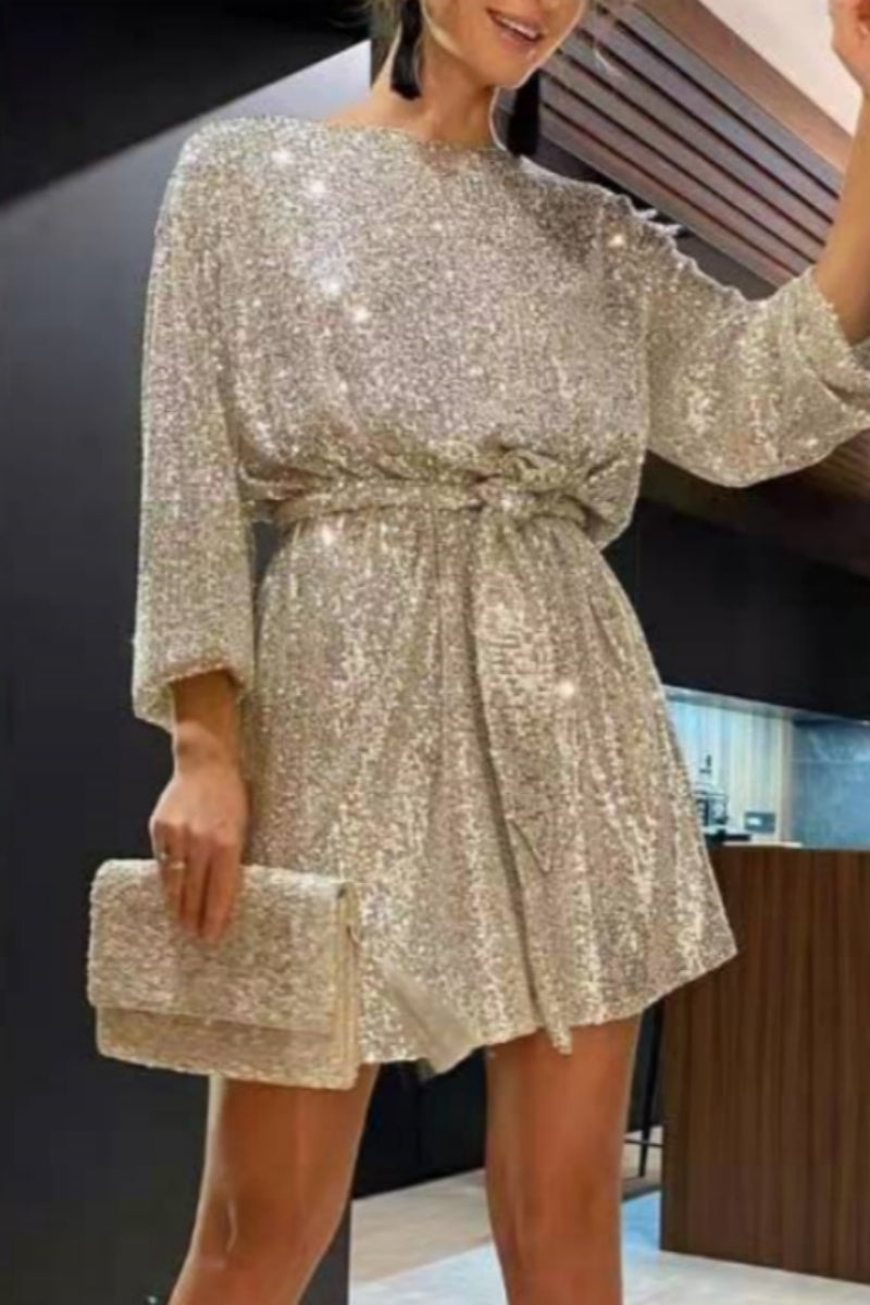 Casual Patchwork Sequins O Neck Long Sleeve Dresses