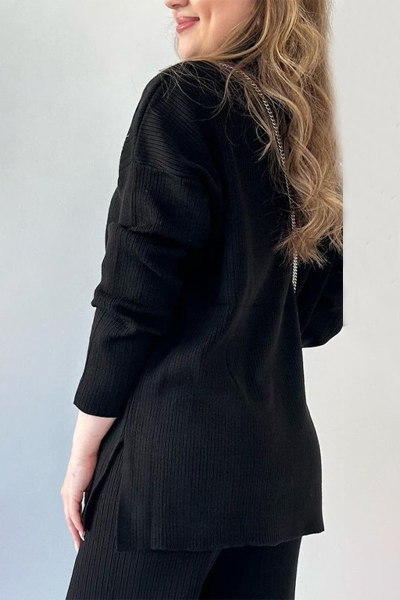 Casual Simplicity Solid Slit Turndown Collar Long Sleeve Two Pieces(5 Colors)