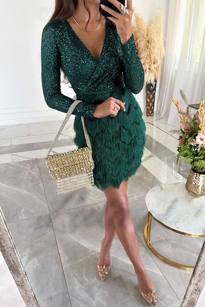 Sexy Solid Tassel Sequins V Neck Wrapped Skirt Dresses