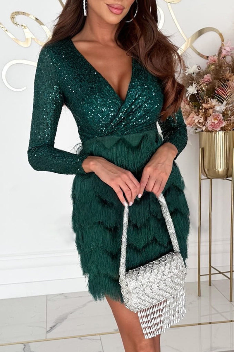 Sexy Solid Tassel Sequins V Neck Wrapped Skirt Dresses