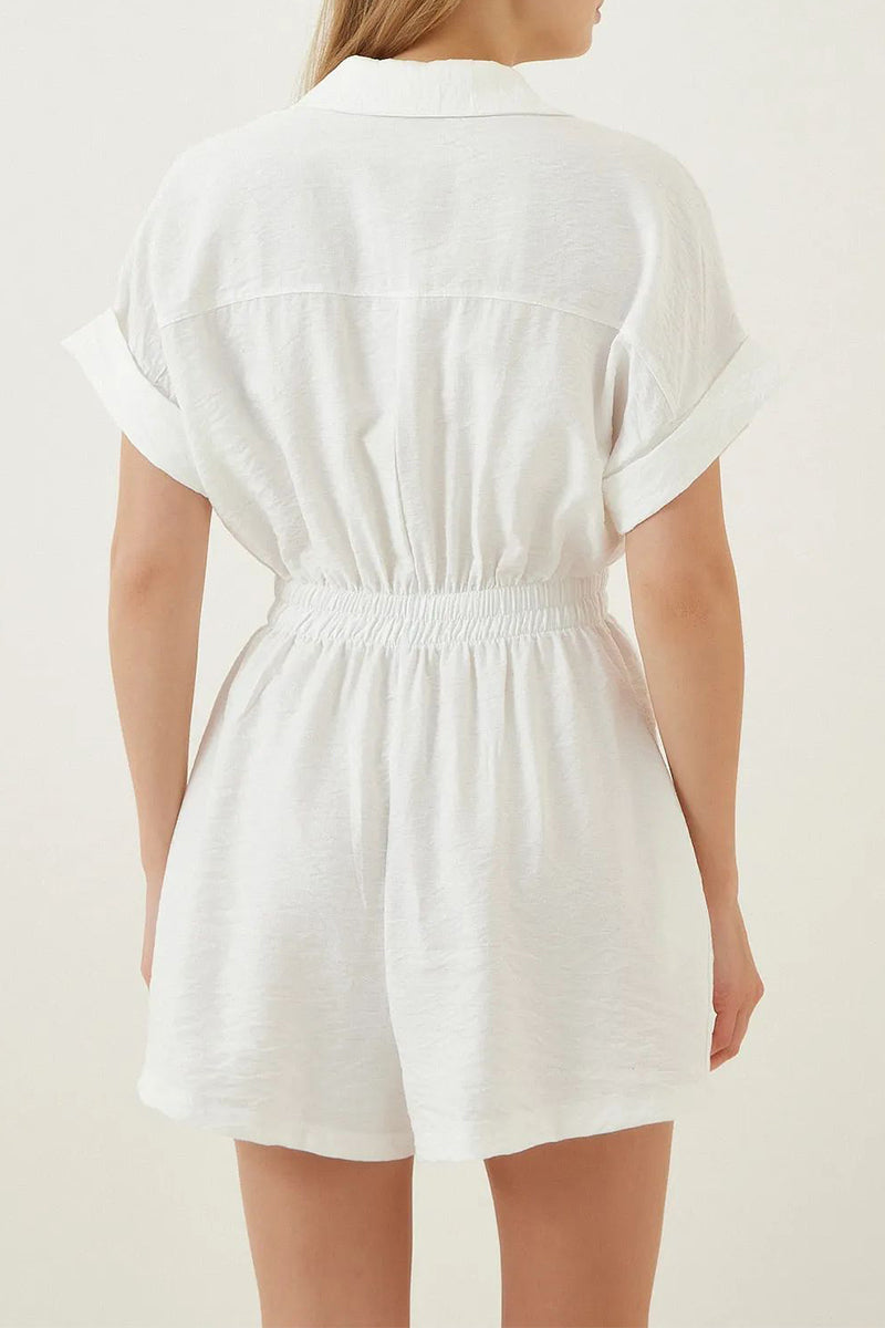 Daily Simplicity Solid Pocket Turndown Collar Loose Rompers(4 Colors)