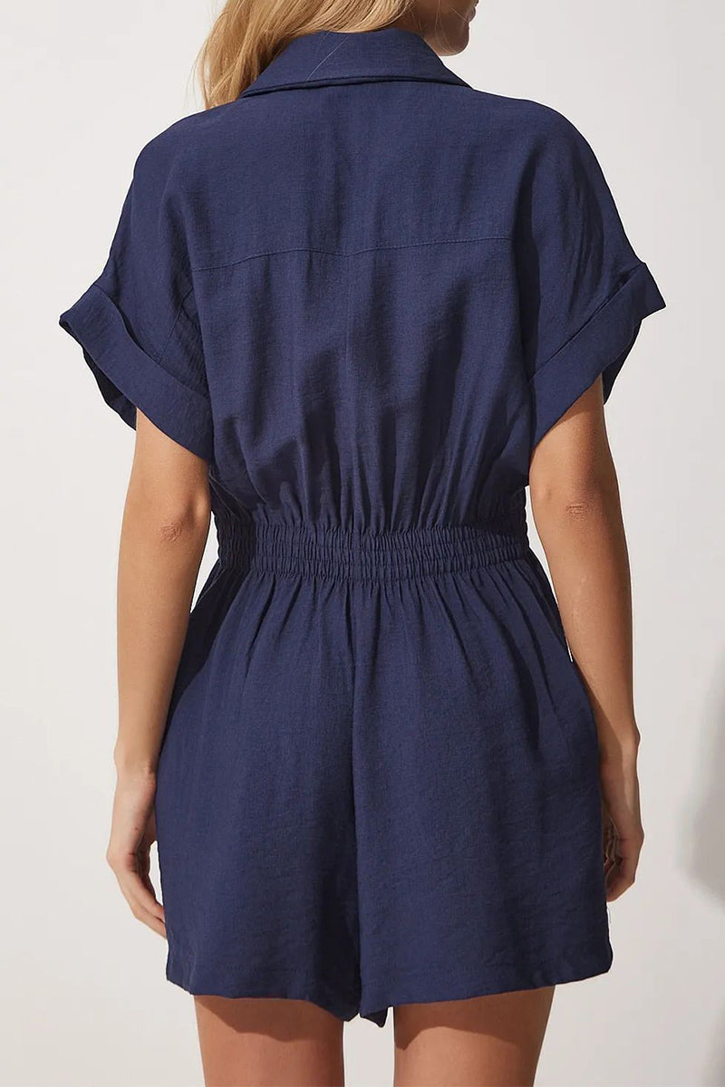 Daily Simplicity Solid Pocket Turndown Collar Loose Rompers(4 Colors)