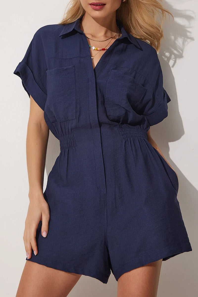 Daily Simplicity Solid Pocket Turndown Collar Loose Rompers(4 Colors)