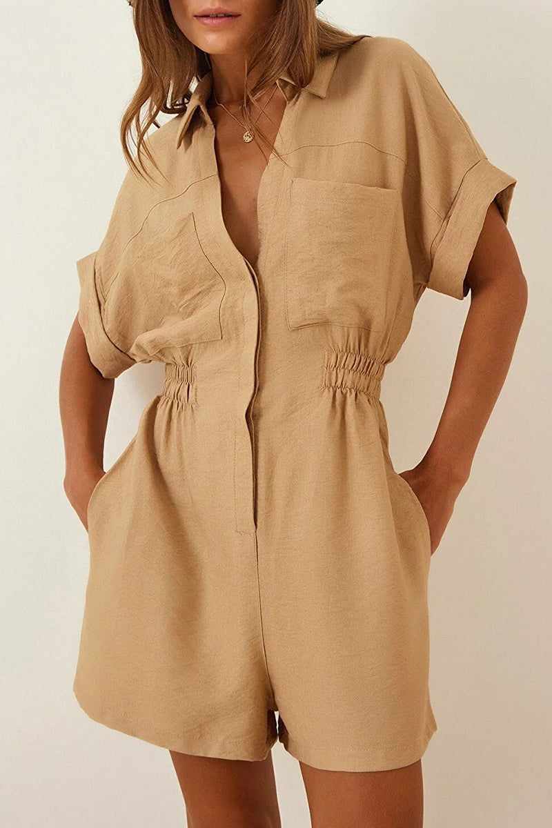 Daily Simplicity Solid Pocket Turndown Collar Loose Rompers(4 Colors)