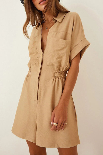 Daily Simplicity Solid Pocket Turndown Collar Loose Rompers(4 Colors)