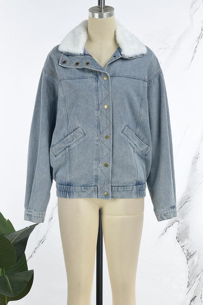 Casual Solid Patchwork Turndown Collar Long Sleeve Regular Denim Jacket