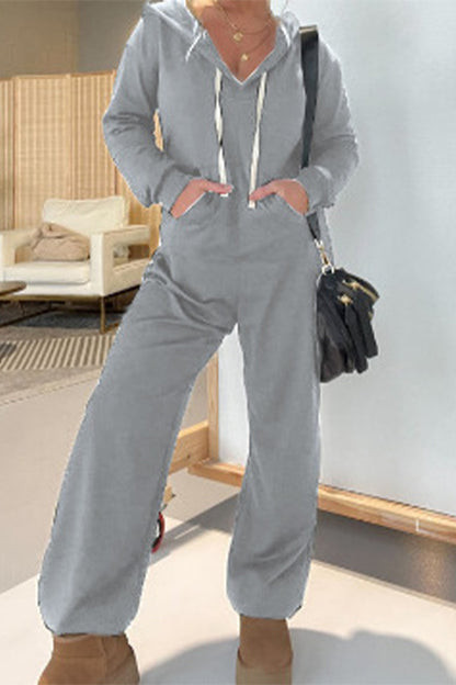 Casual Simplicity Solid Draw String Pocket Hooded Collar Loose Jumpsuits