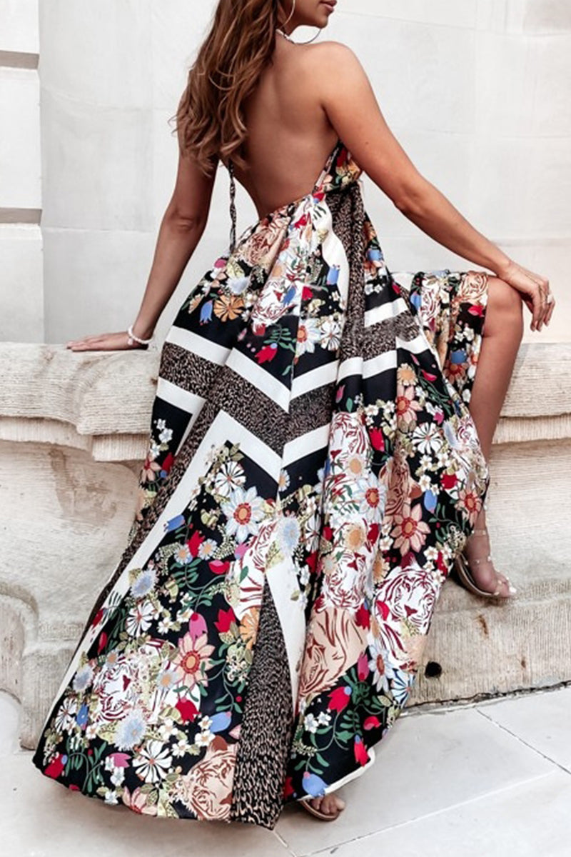 Sexy Bohemian Geometric Print Backless V Neck Sling Dress Dresses