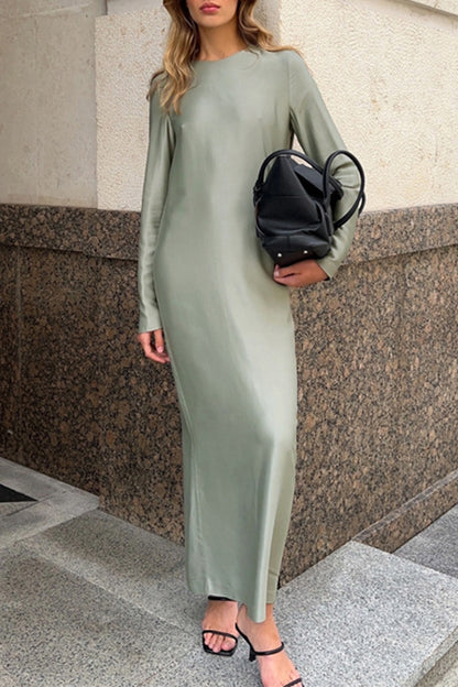 Elegant Simplicity Solid Slit O Neck Long Sleeve Dresses