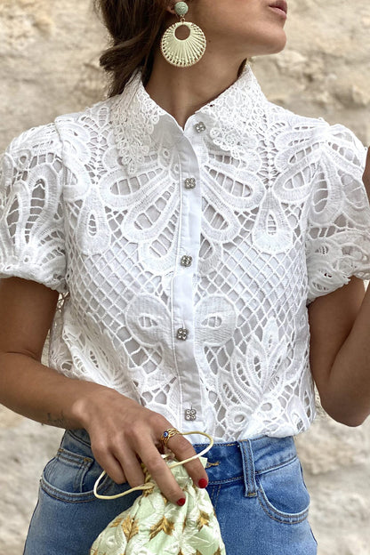 Casual Solid Lace Hollowed Out Turndown Collar Blouses