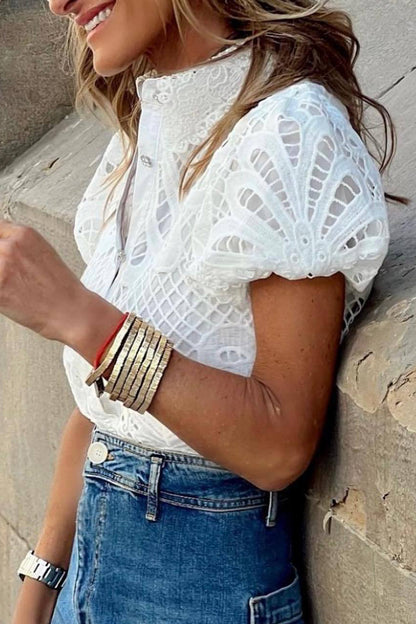 Casual Solid Lace Hollowed Out Turndown Collar Blouses