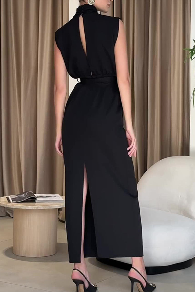 Elegant Solid Slit With Belt Half A Turtleneck One Step Skirt Dresses