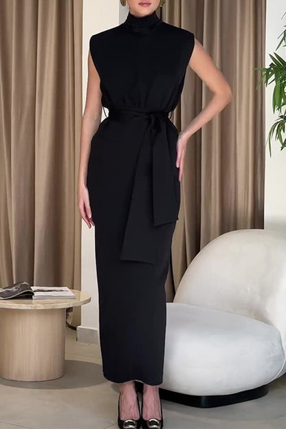 Elegant Solid Slit With Belt Half A Turtleneck One Step Skirt Dresses