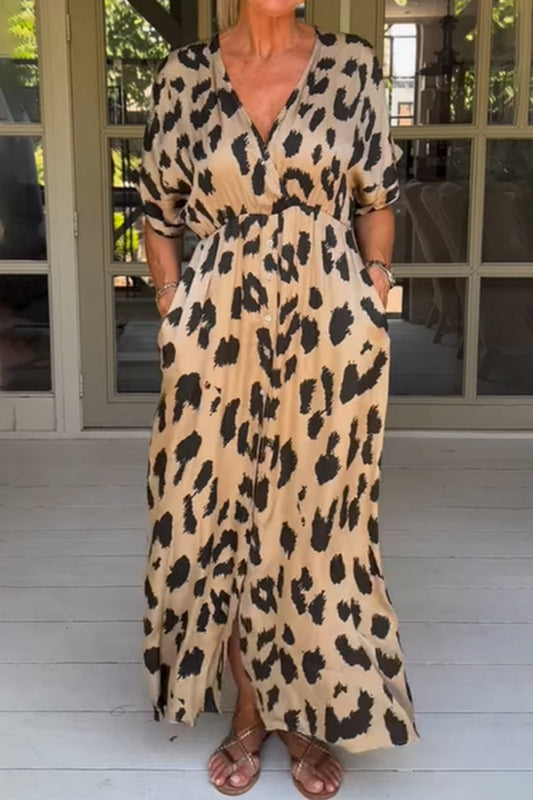 Casual Print Leopard Patchwork V Neck Long Dress Dresses