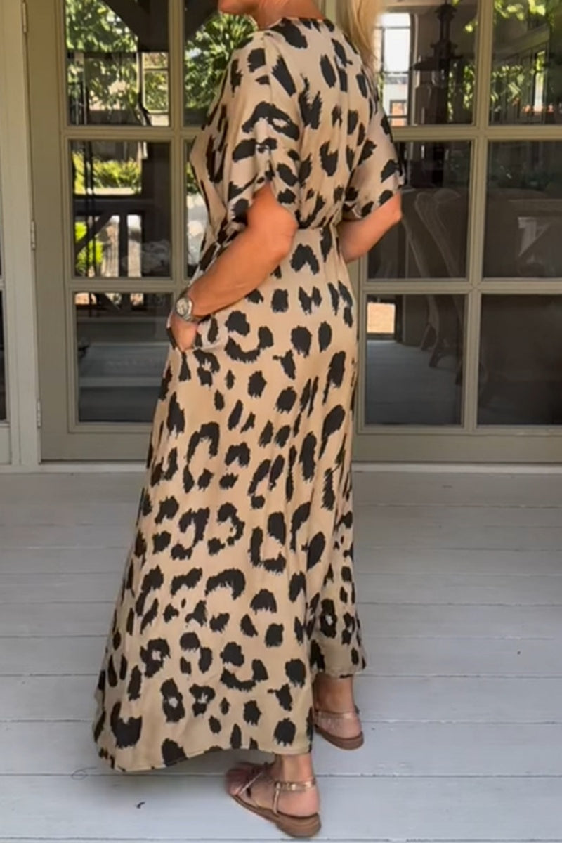 Casual Print Leopard Patchwork V Neck Long Dress Dresses