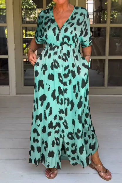 Casual Print Leopard Patchwork V Neck Long Dress Dresses