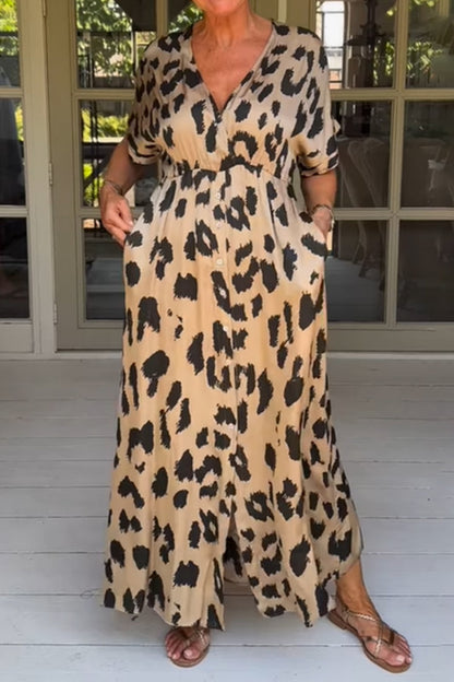 Casual Print Leopard Patchwork V Neck Long Dress Dresses