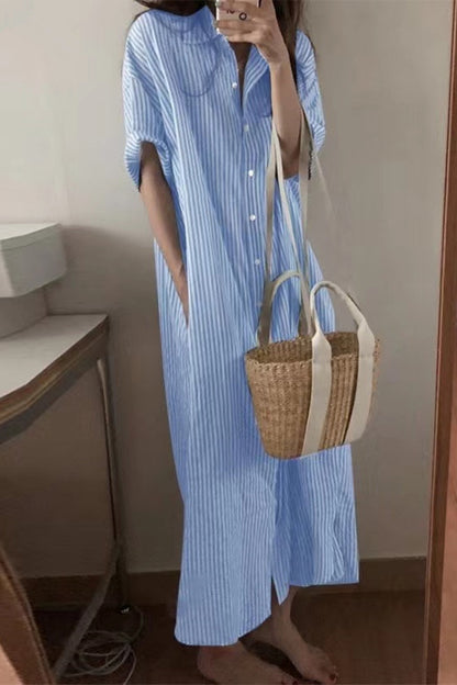 Casual Striped Pocket POLO collar Shirt Dress Dresses(3 Colors)