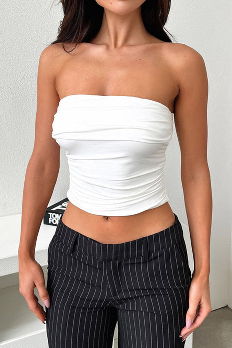 Sexy Solid Fold Strapless Tops