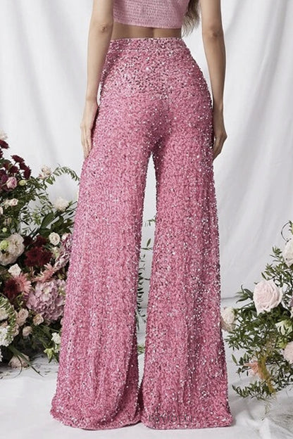 Celebrities Elegant Solid Sequins Loose High Waist Wide Leg Solid Color Bottoms