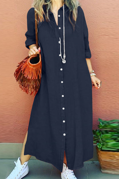 Casual Simplicity Solid Buckle Turndown Collar Shirt Dress Dresses