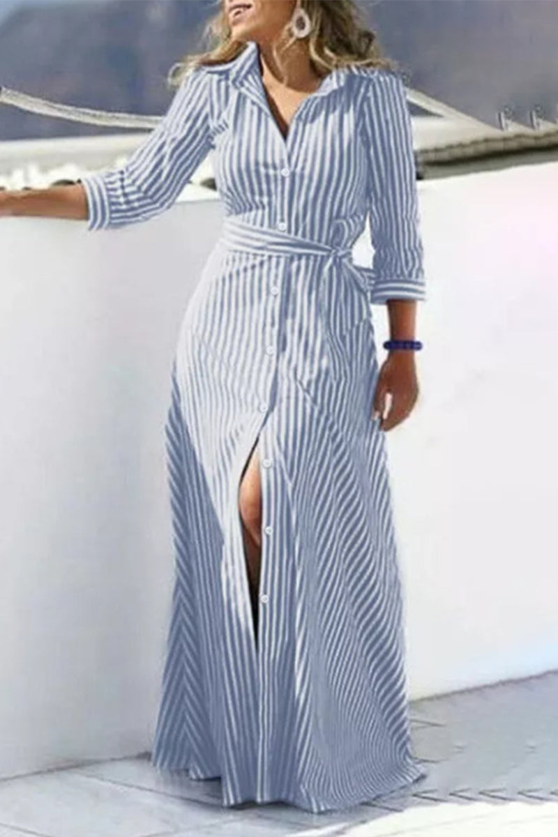 Casual Striped Print Buckle With Belt Turndown Collar Shirt Dress Dresses