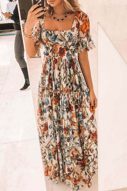 Elegant Floral Stringy Selvedge Square Collar Printed Dress Dresses