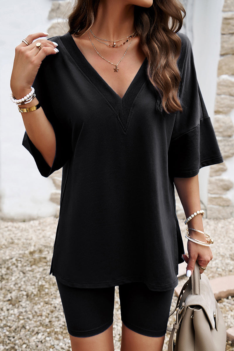 Casual Solid V Neck Half Sleeve Two Pieces(4 Colors)