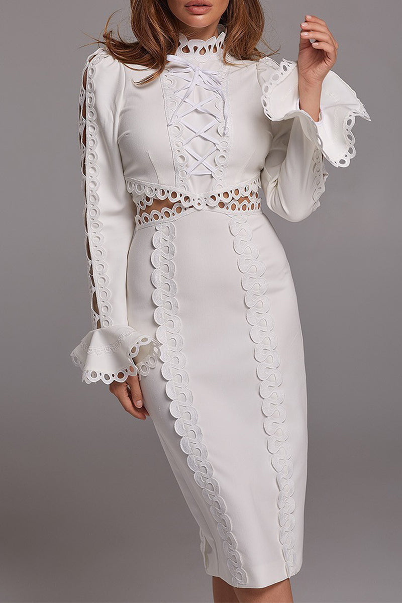 Celebrities Elegant Solid Lace Hollowed Out Turtleneck Princess Dresses