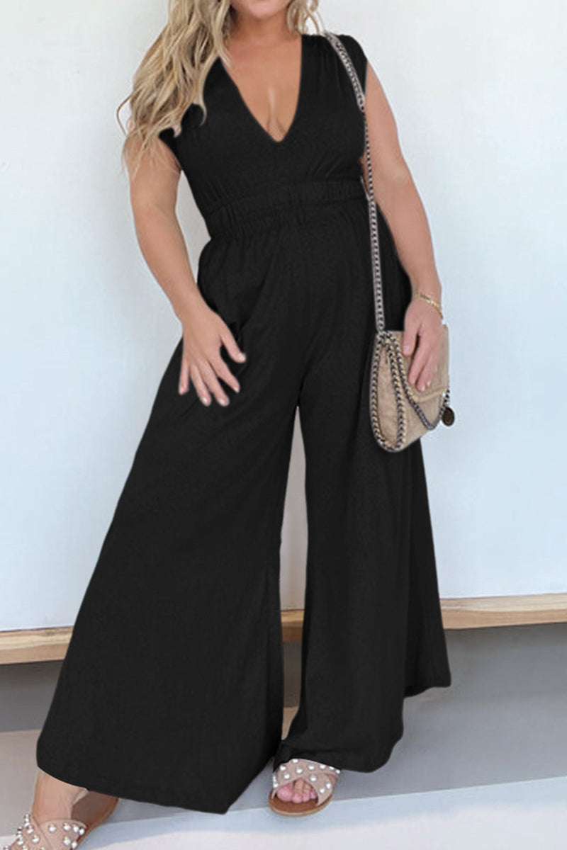 Casual Simplicity Solid Pocket V Neck Loose Jumpsuits