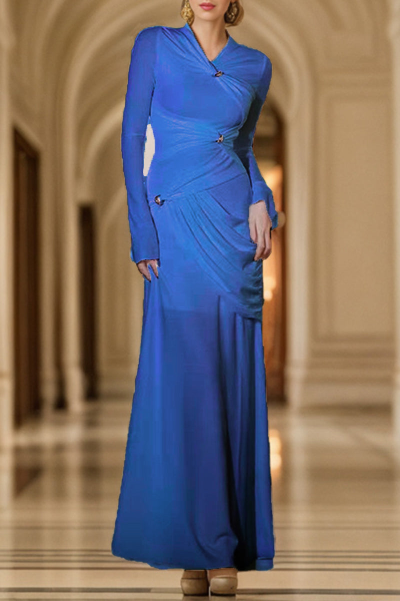 Elegant Solid Metal Accessories Decoration Fold O Neck Evening Dress Dresses