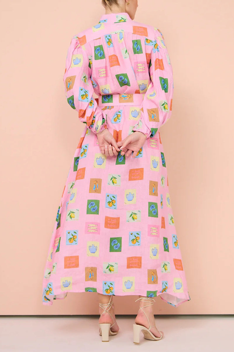 Casual Cartoon Print Pocket With Belt Half A Turtleneck Shirt Dress Dresses