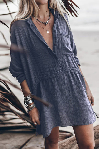 Casual Solid Draw String Pocket Turndown Collar Shirt Dress Dresses