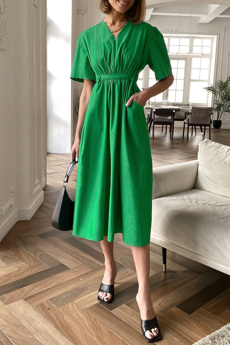 Casual Solid Draw String Pocket V Neck A Line Dresses