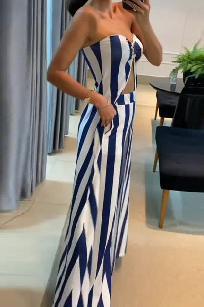 Sexy Striped Pocket Slit Strapless Sleeveless Two Pieces